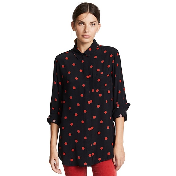 GANNI Polka Dot Crepe Long Sleeve Button Up Relaxed Fit Collared Tunic Shirt 6 - Picture 1 of 10